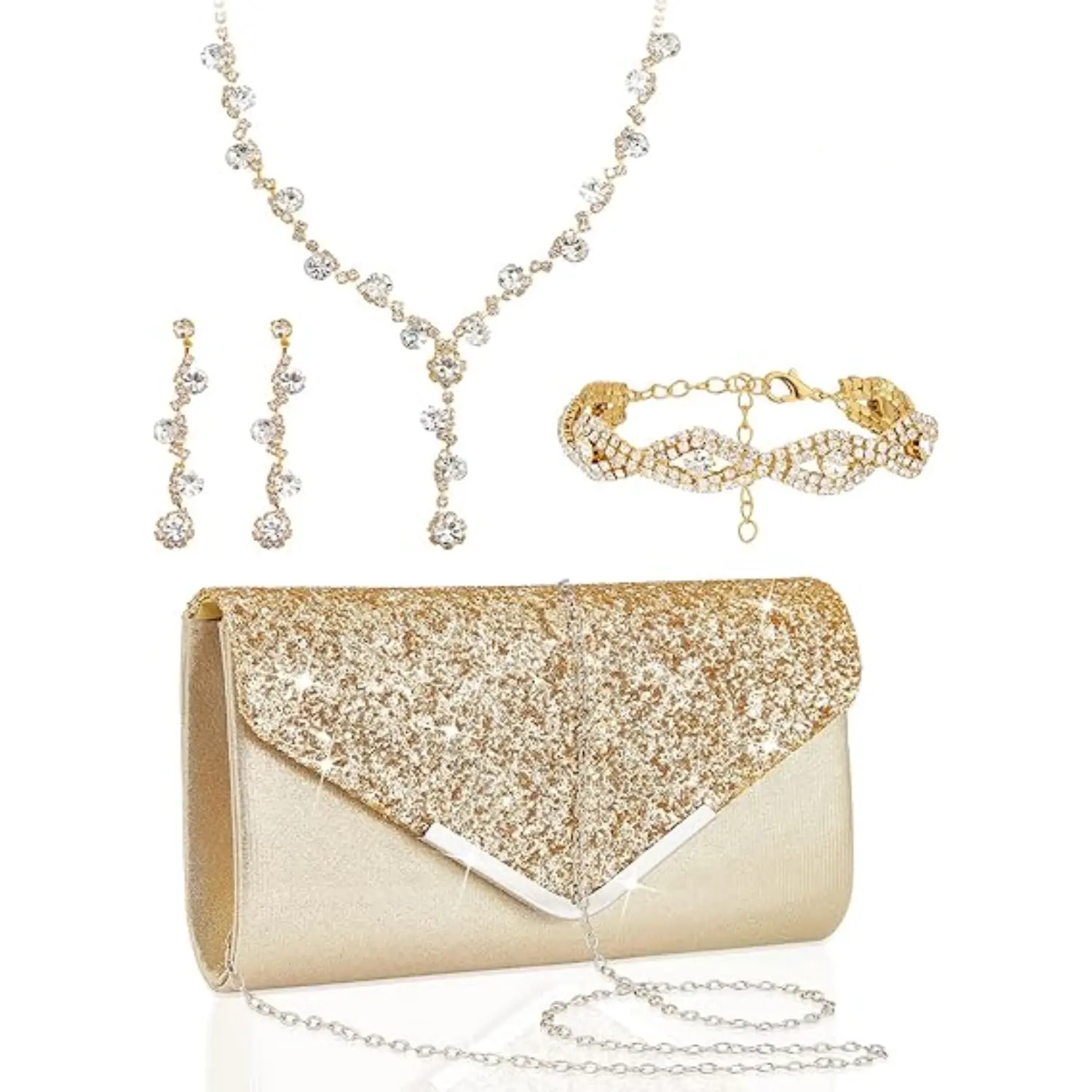 Women's Chic 4-Piece Rhinestone Jewelry Set Pack, Soft Inner Polyester, Magnetic Button Clutch Purse, Necklace, Earrings, Bracelets, for Wedding Dances & Formal Wear