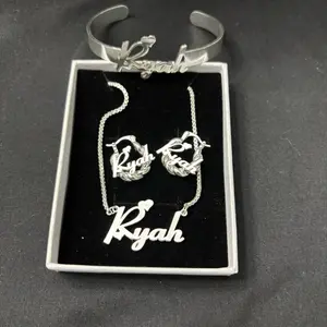 Custom Name Jewelry Set Featuring Ryah Name Bracelet Necklace and Earrings in Elegant Silver Finish