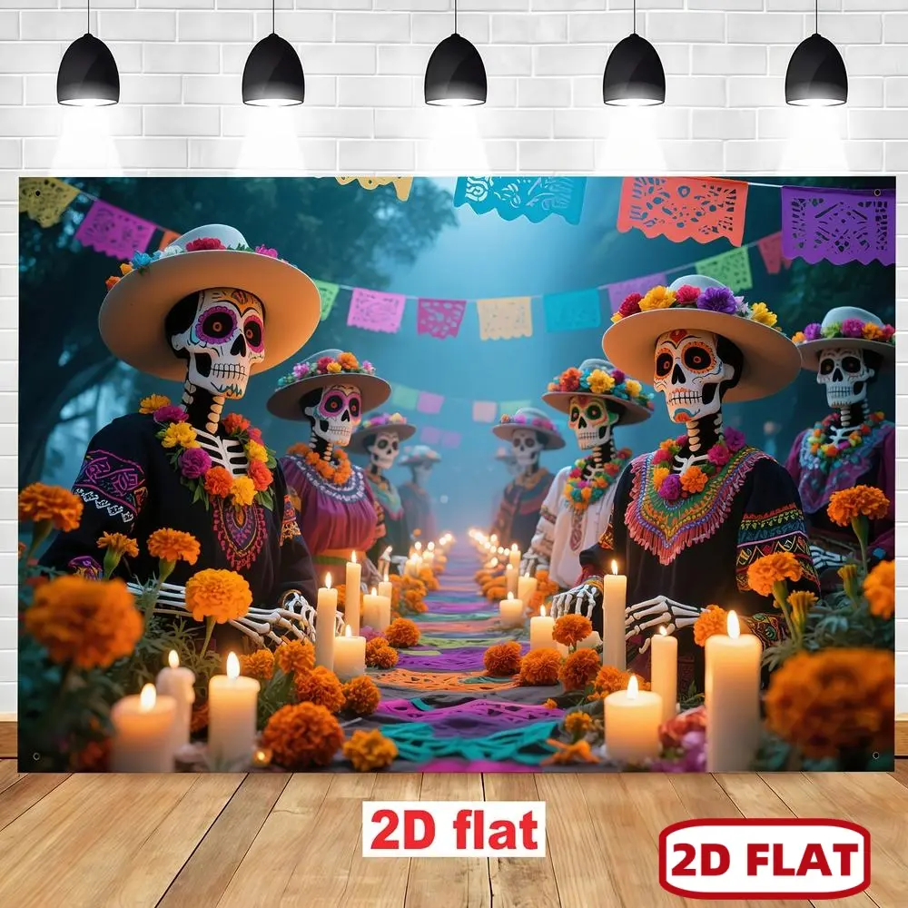 1pc 2D Flat Polyester Day of the Dead Skeleton Decorative Banner - Colorful Flower Attire Party Decoration Supplies, Mexican Fiesta Backdrop for Garden, Room Celebrations (Pair with Candles for Ambiance)