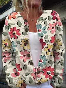 Women's Floral Printed Breathable Elegant Vintage Pattern Sweater Cardigan, Easy Care, Soft Fashion for Fall Winter