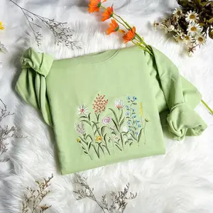 Wildflower Botany Embroidered Sweatshirt, Dragonfly T-shirt, Floral Embroidered Sweatshirt, Crew Neck Sweatshirt