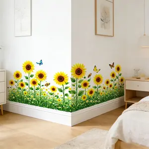 Vintage Farmhouse Sunflower Wall Decals, Yellow Sunflower Green Grass Butterfly Bee Baseboard Border Wall Stickers, Removable Peel & Stick Decorative Nature Vinyl Decals for Cafe Restaurant Retail Shop Home Living Room Decor