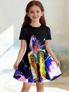 Girls' 3D Short Sleeve Dress, Cyber Flame Kpop Full Print, Perfect for Parties, Festive Gifts, Birthday Presents