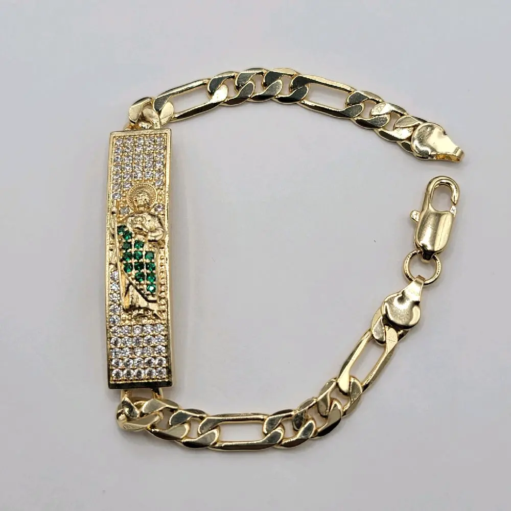 Saint Jude Bracelet Figaro Link style with clear stones and Green  7 Inches 6mm chain 10mm plate wide  Size for Small Adults 7 inches Gold Plated. Comfortable Everyday Wear Versatile Design