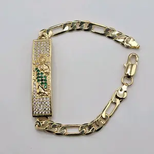 San Jude Bracelet Figaro Link style with clear stones and Green  7 Inches 6mm chain 10mm plate wide  Size for Small Adults 7 inches Laminated Gold Comfortable Everyday Wear Versatile Design