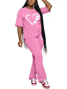 Pattern Print Women's Casual Spring & Fall 2-Piece Set, Short Sleeve Top with Flared Pants, Fashionable and Comfortable Sportswear for Everyday Use, Sporty Style Outfits, Sweatsuit Matching Set, Sweatsuit Outfits, Sweatsuit Sets