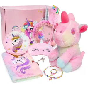 GJ  X-PLT03  Unicorn Gifts for Girls Age 6-8, Kids Unicorn Toys Set with Plush Unicorn Diary Headband Eye Mask Christmas Birthday Gifts for Little Girls Age 4 5 6 7 8 9 10 Box Cotton Daughter Fluffy