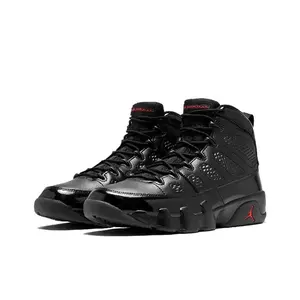 Men's 2-Tone High Top Leather Sneakers - Glossy Patent Toe, Matte Upper, Solid Black with Tiny Red Logo Accent, Perforated Vent Panel, Serrated Blocky Outsole, Retro Street Hip Hop Collectible Sports Footwear