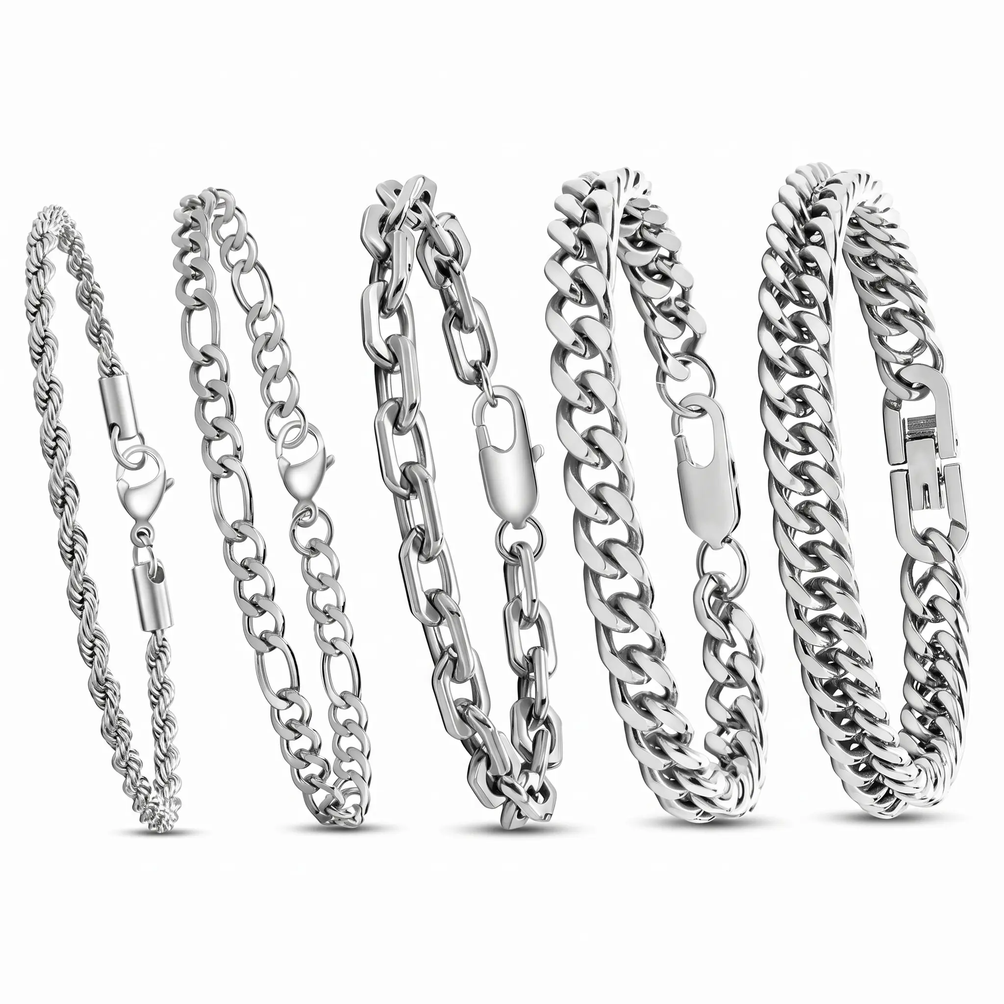 Men's 5pc Silver Stainless Steel Bracelets - 7-9" Minimalist Costume Jewelry, Gifts for Everyday Wear & Streetwear, Bracelets for Women by Sohochic
