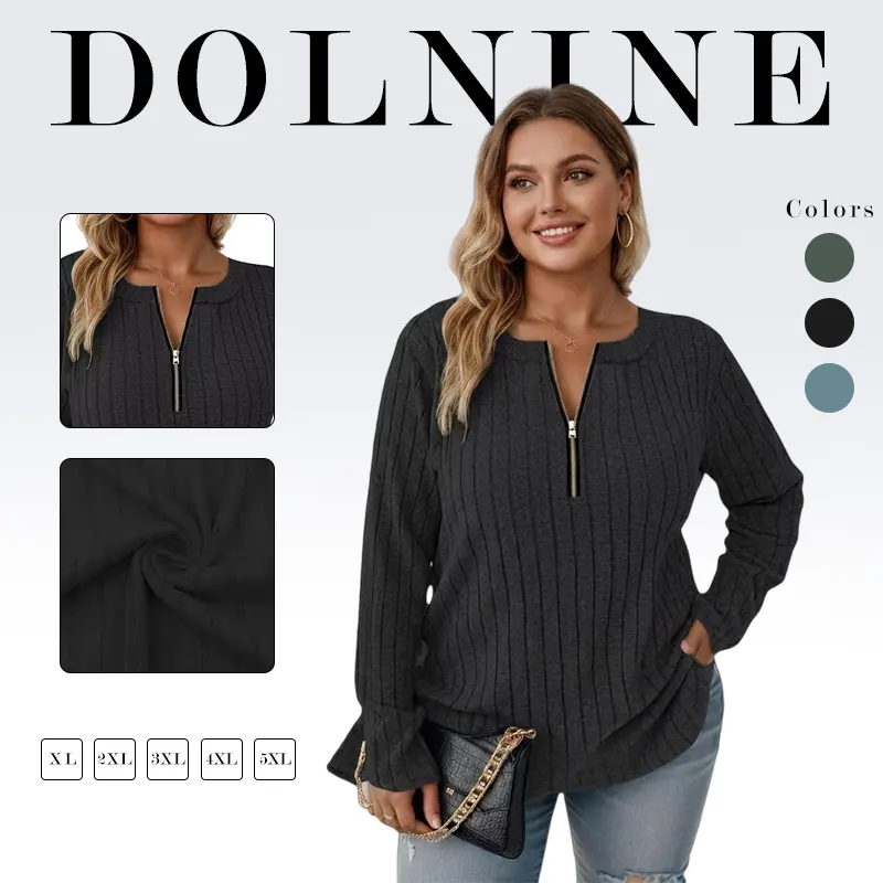 Womens-Plus-Size-Long-Sleeve-Tops Quarter Zip Pullover Lightweight Knit Sweaters Casual Shirts Trendy Blouses Tunics VPS0238