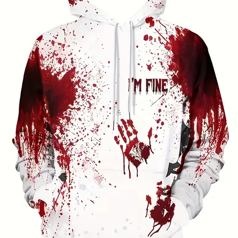 Unisex Halloween Horror Hoodie, Blood Handprint & Splatter Graphic Print with "I'M FINE" Slogan, Pullover with Kangaroo Pocket, Drawstring Hood, Long, Casual Streetwear Costume Sweatshirt, Tops