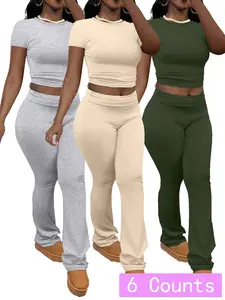 Women's Solid Ribbed Crop Top & Flare Leg Pants Set, Casual Fashion Cozy Round Neck Top & Bell Bottom Trousers for Daily Outdoor Wear, Women's Clothing for Spring & Fall, Workout Sets, Sportswear Set