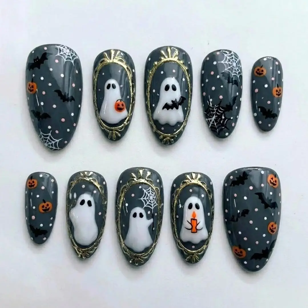 Cute Ghost Cameo Press On Nails | Haunted Mansion Night Tale | Dark Whimsical Almond Nails | Bat Web Pumpkin Nail | 3D Sculpted Art Nail