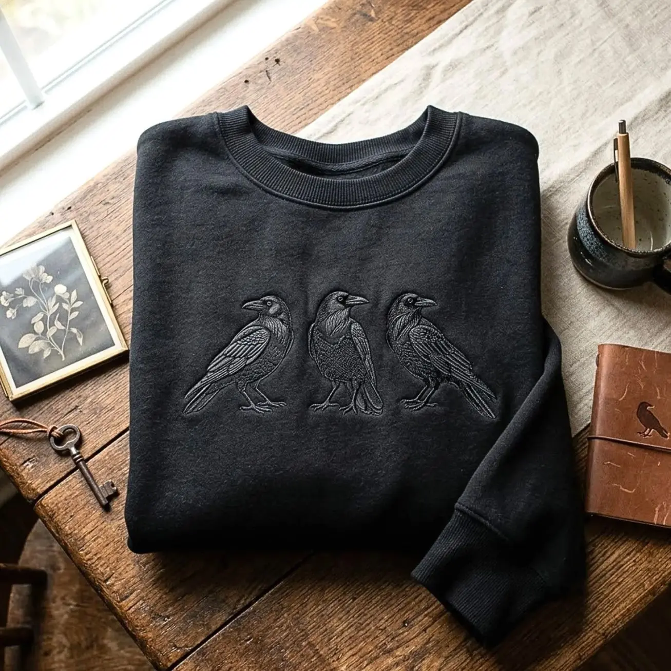Embroidered Raven Sweatshirt: Unisex Cotton Blend Crewneck Pullover, Gothic Crow Shirt