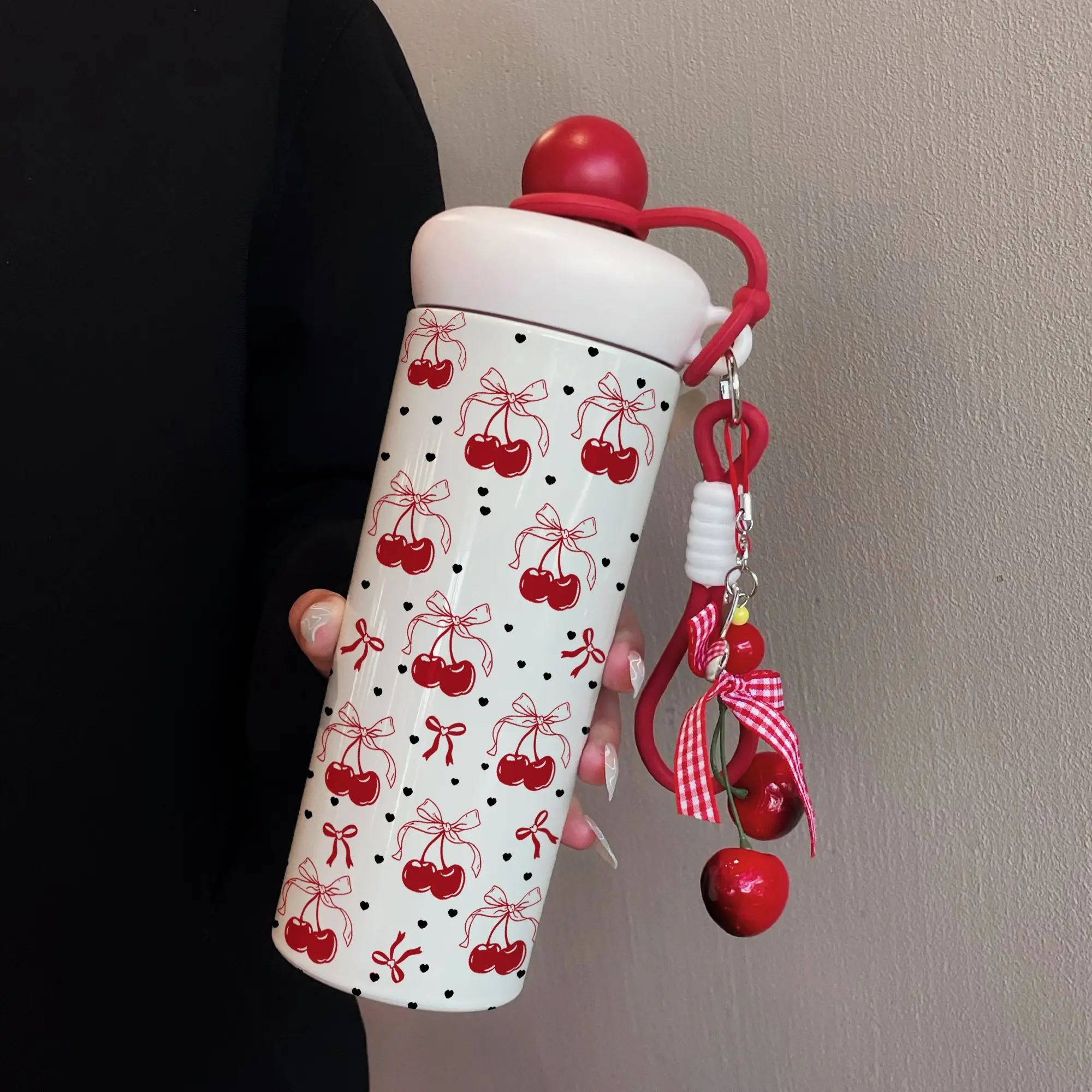 600ML Cherry Pendant Insulated Cup, Tumbler, Insulated Drinkware, Butterfly Knot Coffee Mug, Stainless Steel 316, Flasks, Suitable for Outdoor Sports, Travel, Home Use