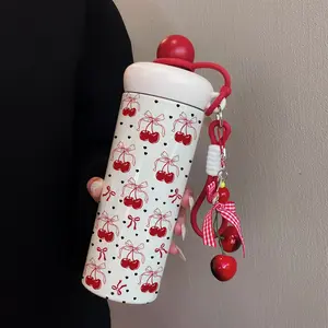 600ML Cherry Pendant Insulated Cup, Tumbler, Insulated Drinkware, Butterfly Knot Coffee Mug, Stainless Steel 316, Flasks, Suitable for Outdoor Sports, Travel, Home Use