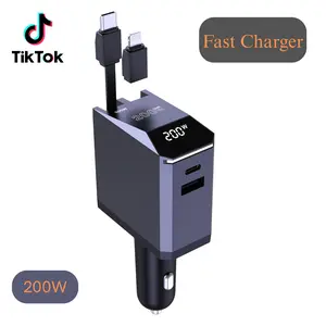 200W Retractable Car Charger, 3-in-1 Independent Fast Charging, 2.3ft 105W Retractable Cable, Power Display USB C Car Charger for MacBook Pro, iPhone 16 15, Galaxy S25 S24 Ultra etc