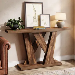 Tribesigns 55-Inch Farmhouse Console Table with Geometric Base, Rustic Brown, Modern Design for Entryway, Living Room, Hallway, Foyer