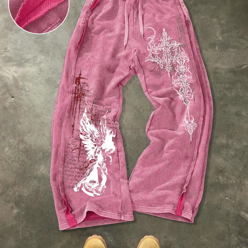 Men's Washed Cotton Sweatpants with Gothic Print, Contrast Side Stitching Detail, Comfortable Casual Pants for Daily Wear & Lounging