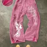 Men's Washed Cotton Sweatpants with Gothic Print, Contrast Side Stitching Detail, Comfortable Casual Pants for Daily Wear & Lounging