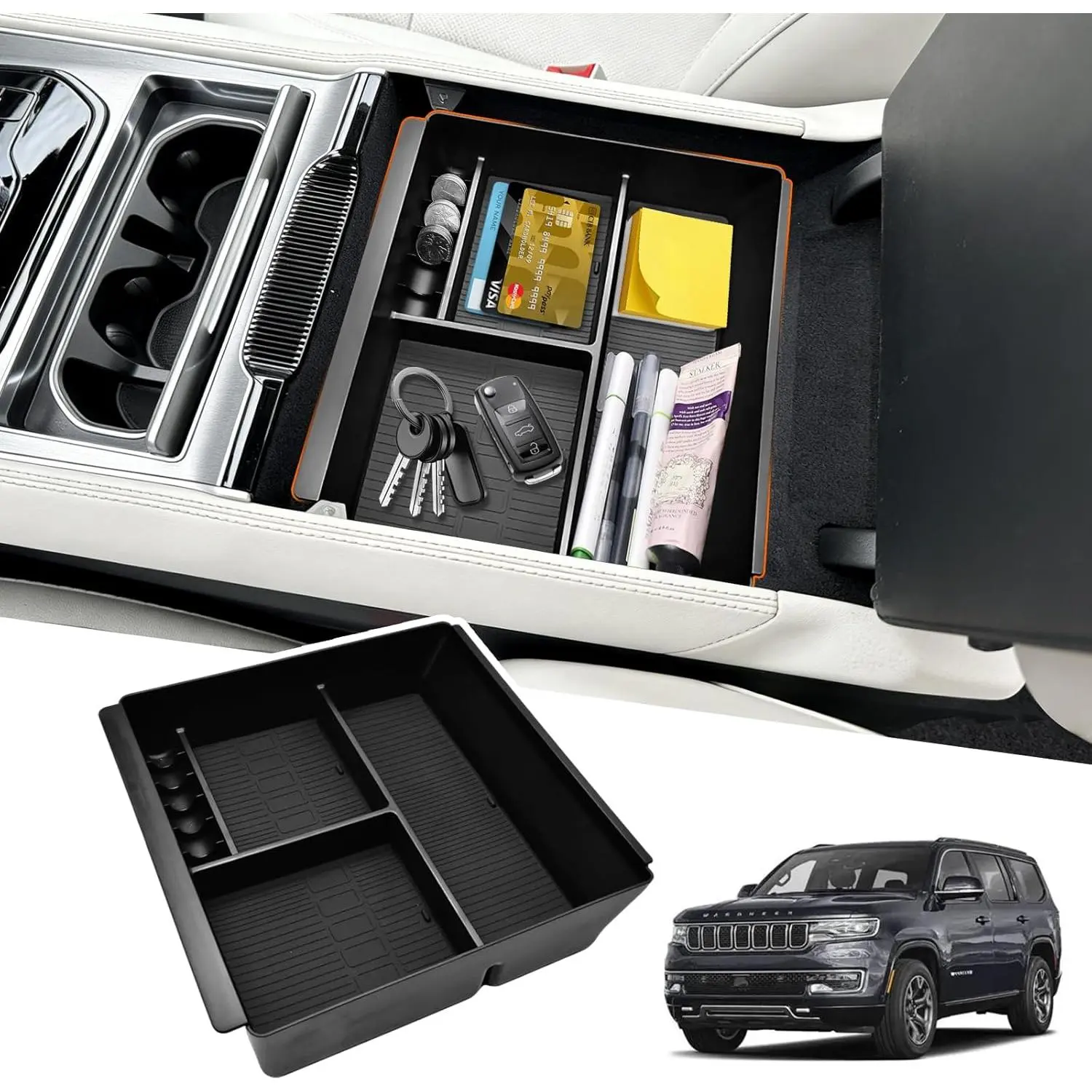 Center Console Organizer Tray Compatible with 2022-2026 Jeep Wagoneer/L, 2022-2026 Jeep Grand Wagoneer/L Accessories, Armrest Storage Box with Coin Container(Not for Wagoneer S