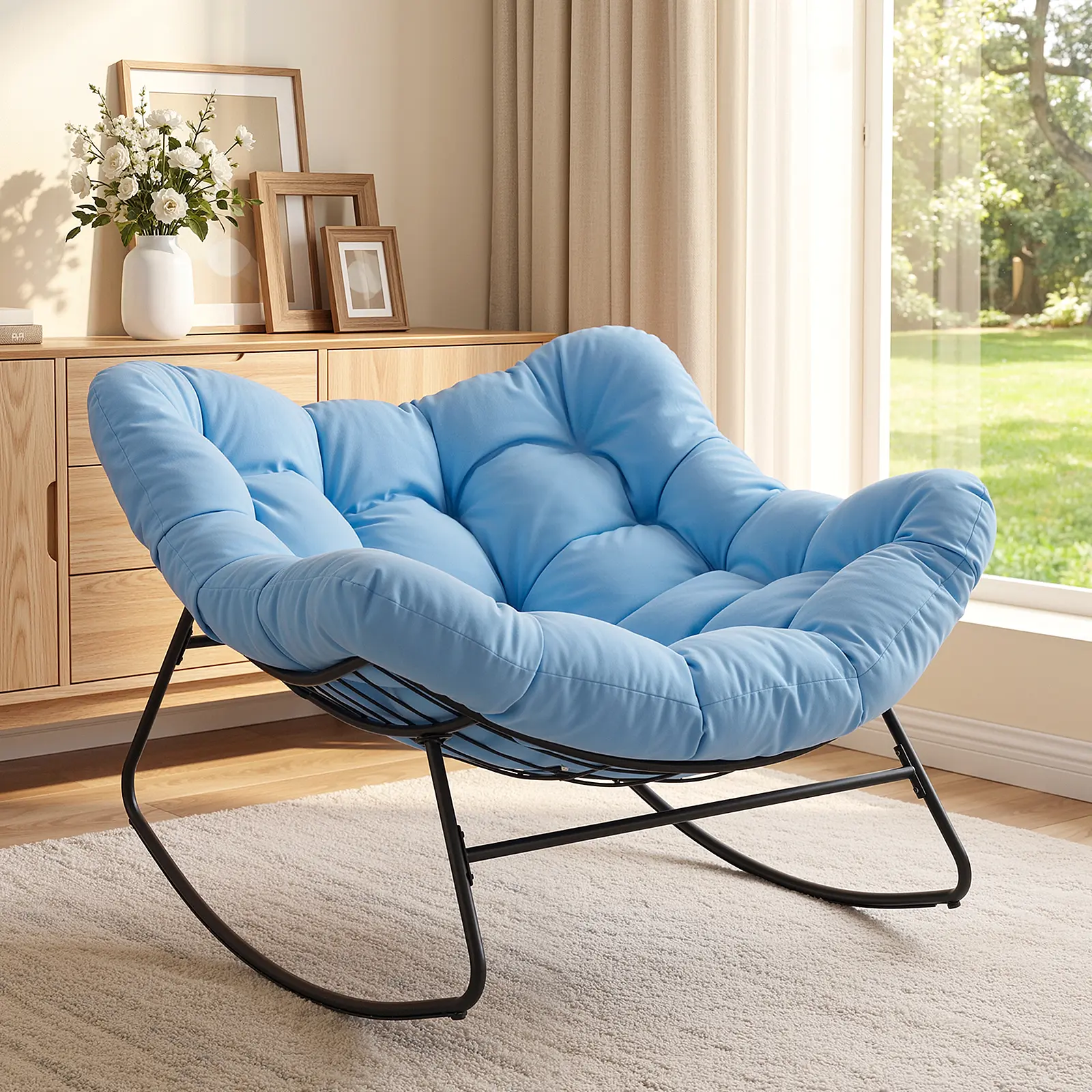 Papasan Rocking Chair Outdoor/ Indoor, Oversized Rocking Chair with Thickened Cushion, 450 lbs Large Comfy Egg Chair Indoor,Cozy Lounge Reading Glider Chair for Bedroom, Blue