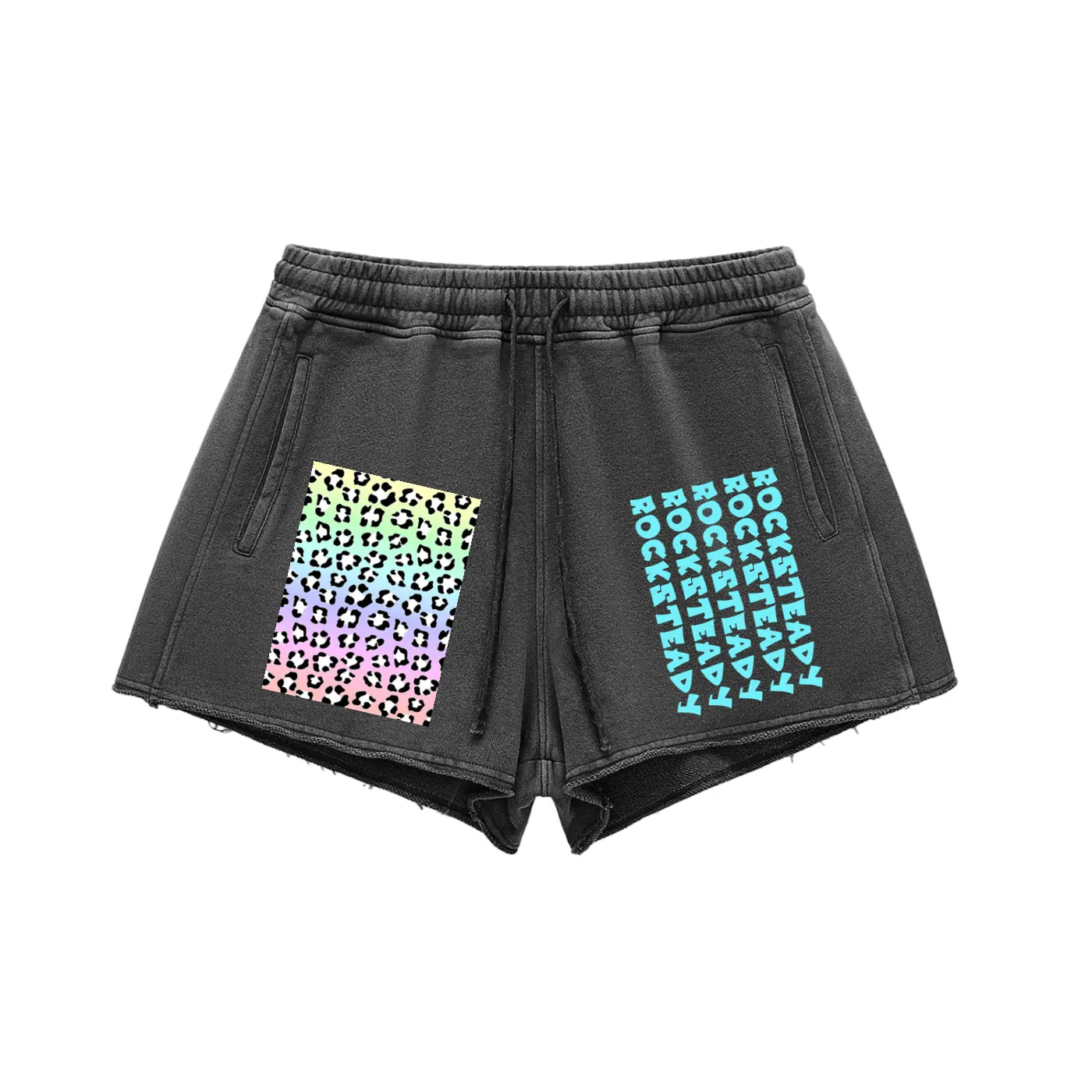 ROCKSTEADY "Leopard Aura" StreetLUXE Snow Washed Raw Edge Drawstring Shorts