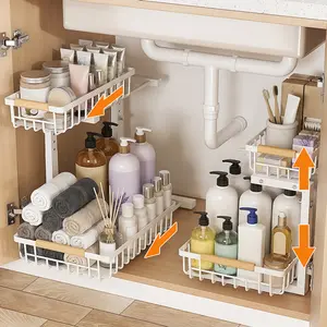 Cesun Under Sink Organizer, 2 Tier Under the Sink Storage, Slide out Pull out Cabinet Organizer Shelf, Metal Sliding Drawer for Kitchen Bathroom Pantry Closet Organization Rack, White, 1 Pack