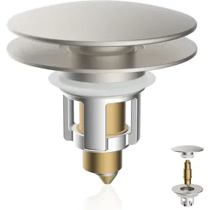 Universal Bathroom Sink Stopper, Metal Pop Up Sink Drain Strainer with Hair Catcher Basket, Fit 1.1"-2.36" US Basin, Wash Basin Drain Plug, Big/Small Cover Cap, Brass Bounce Core, Brushed Nickel