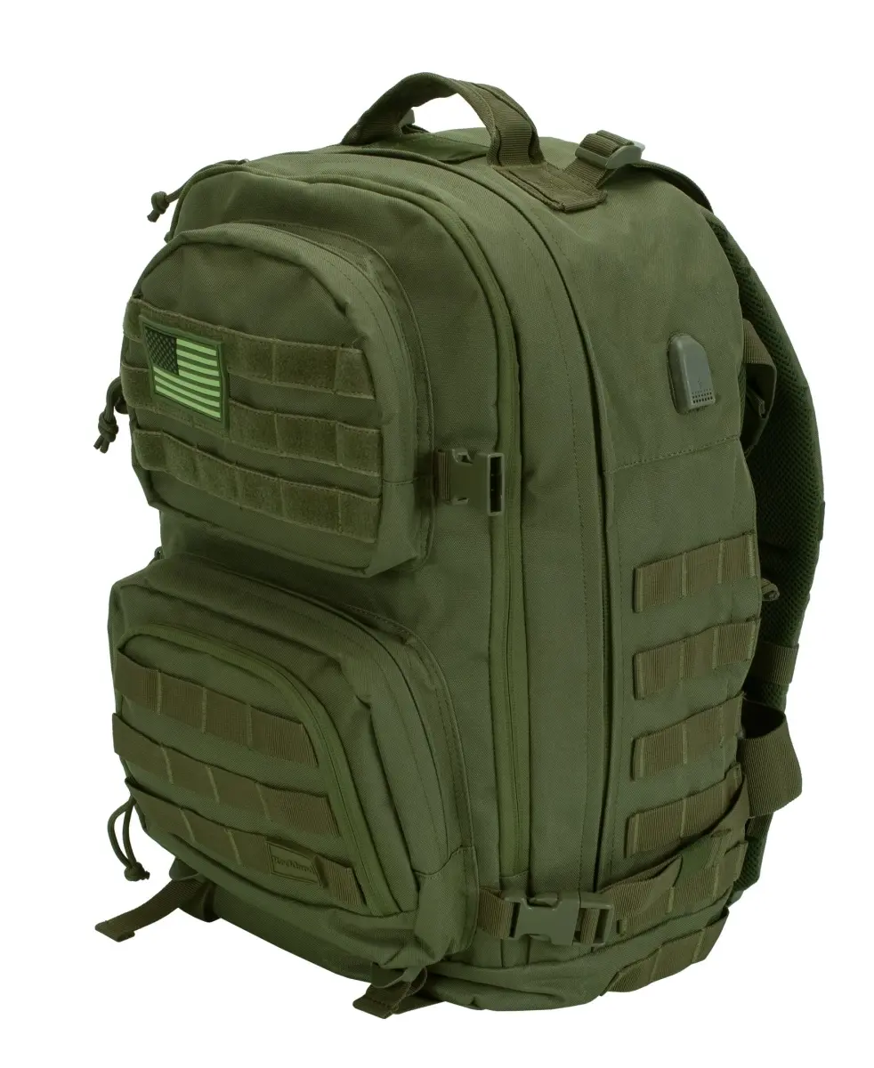 212 MAIN Polyester Multi Compartment Military Tactical Backpack with Adjustable Straps, MOLLE System, USB Charge Port, 17" Laptop Compatibility, Green, Multi Compartment Backpack