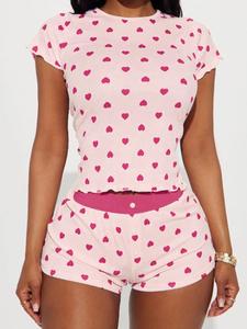 women's heart print top & shorts pyjama two-piece set, casual comfy short sleeve t-shirt & shorts pj set, ladies sleepwear for summer, pajamas