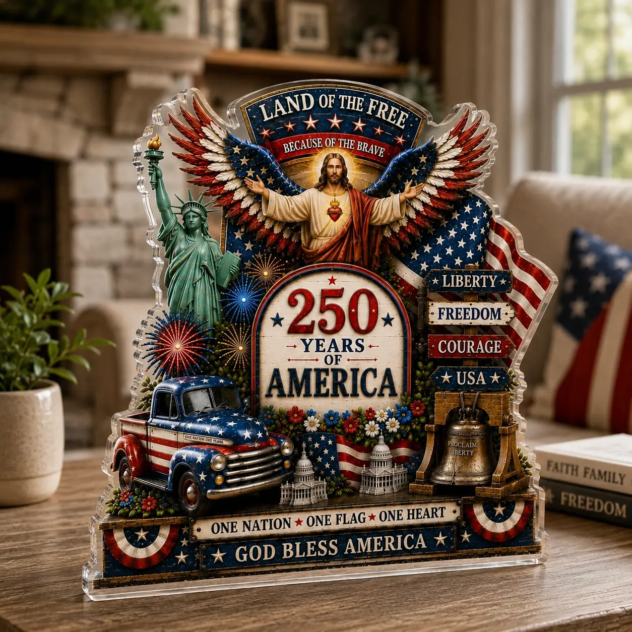 America 250 Veteran Acrylic Block Plaque, Christian Patriotic Desk Decor, Jesus & Eagle Tribute Gift for Grandpa, Dad or Veteran Family, God Bless America Legacy Keepsake