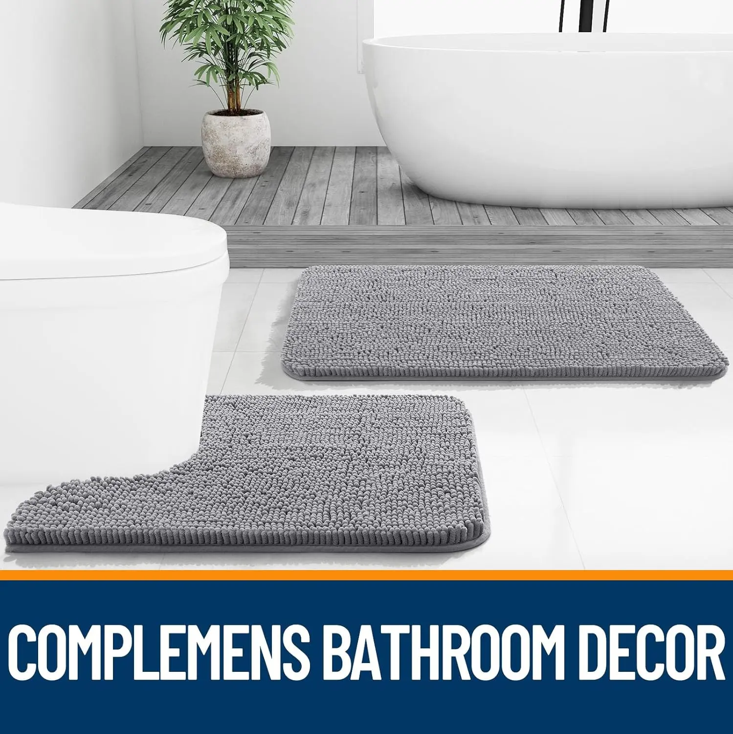 Bathroom Rugs 30x20, Extra Soft Absorbent Chenille Bath Rugs, Rubber Backing Quick Dry, Machine Washable Bath Mats for bathroom decor Bathroom Floor, Tub and Shower, bathroom decor set Accessories, Grey Microfiber Traditional