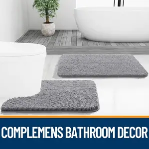 Bathroom Rugs 30x20, Extra Soft Absorbent Chenille Bath Rugs, Rubber Backing Quick Dry, Machine Washable Bath Mats for bathroom decor Bathroom Floor, Tub and Shower, bathroom decor set Accessories, Grey Microfiber Traditional