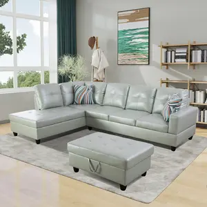 Chic Shimmer Silver Green Breathable Wear-Resistant Semi PU Leather 3-Piece Multi-Functional Sofa Bundle, Minimalist Luxury Accent Guest Family Seating
