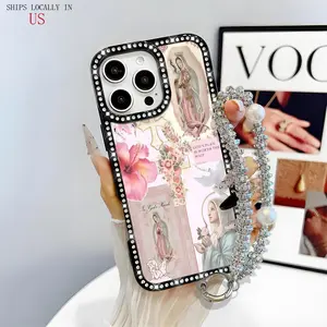 Virgin Mary Pattern Bling Glitter Phone Case with Sparkle Rhinestone Diamond,Airbag Anti-Fall Crystal Cover for iPhone 16 15 14 13 12 Pro Max Plus Flash Festive Holiday Phone Case Gift: Stylish Christmas/Thanksgiving Design for Her/Him