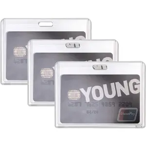 3 Pack Office Badge Holder, Horizontal Style, Hard Plastic ID Card Cover, Clear Name Card Holder