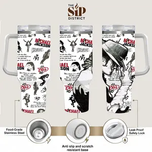 The Sip District. 80s Pop Century King Michael Jackson Collage Tumbler with Handle – Fedora Pose & Bad Era Graphic, King of Pop Wrap Design, 20oz/40oz Stainless Steel Insulated Travel Mug, Gift for Fan, Pop Culture Flask