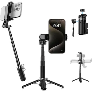 4-in-1 Phone Tripod Stand with Clip, Extendable Selfie Stick with 360? Rotation & 225? Tilt, Portable Foldable Phone Grip Handle for Travel Vlogging Live Streaming and Photography