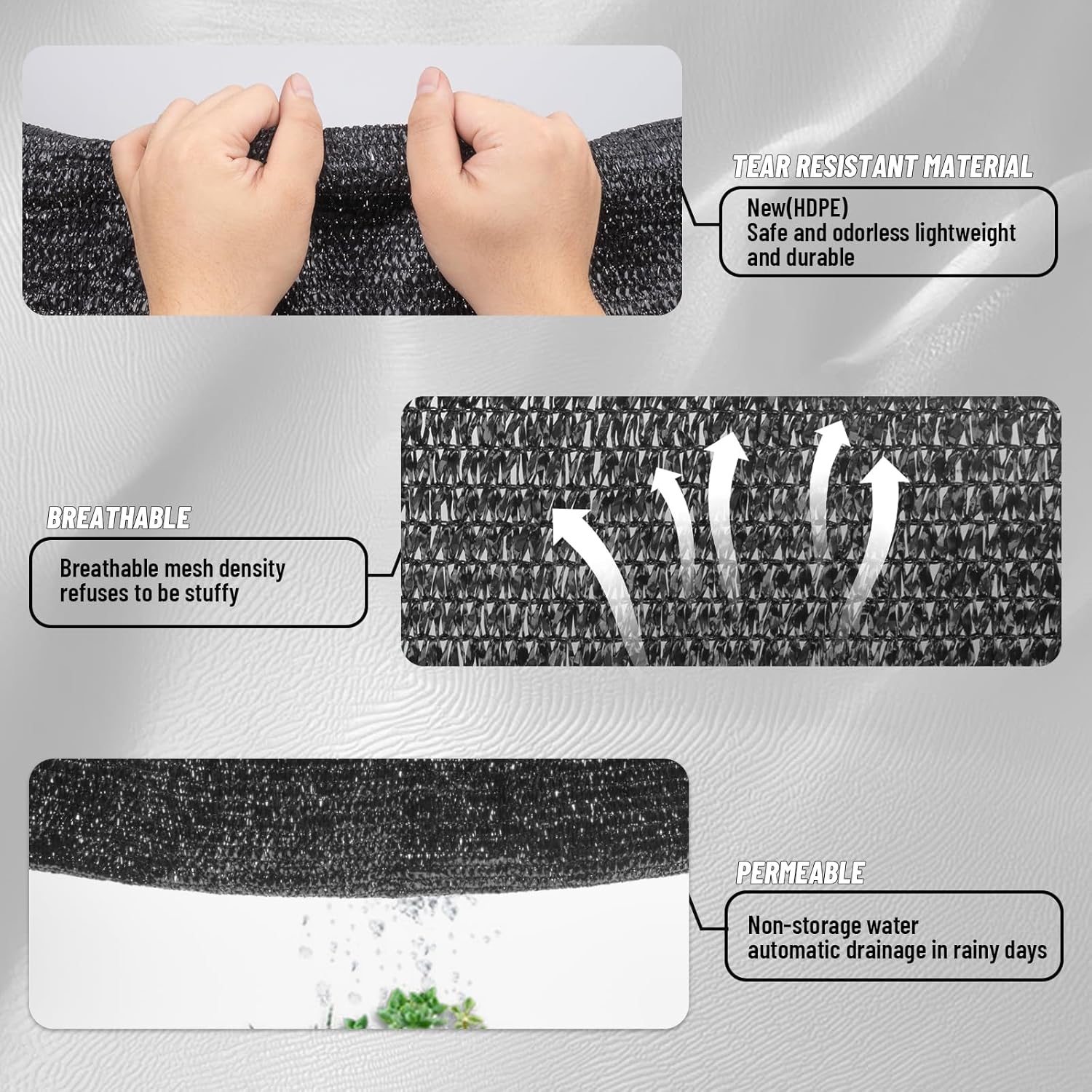 A 10-foot by 13-foot black breathable sunshade net with buttoned edges, suitable for providing all-round shade for farm animals, greenhouses and garden areas.