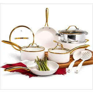 15 count Ceramic Cookware Set, Ceramic Pots and Pans Set Non Stick with Cooking Utensils and Steamer, Non  PFOA PFOS Free,   Stay Cool Handles, Oven & Dishwasher Safe