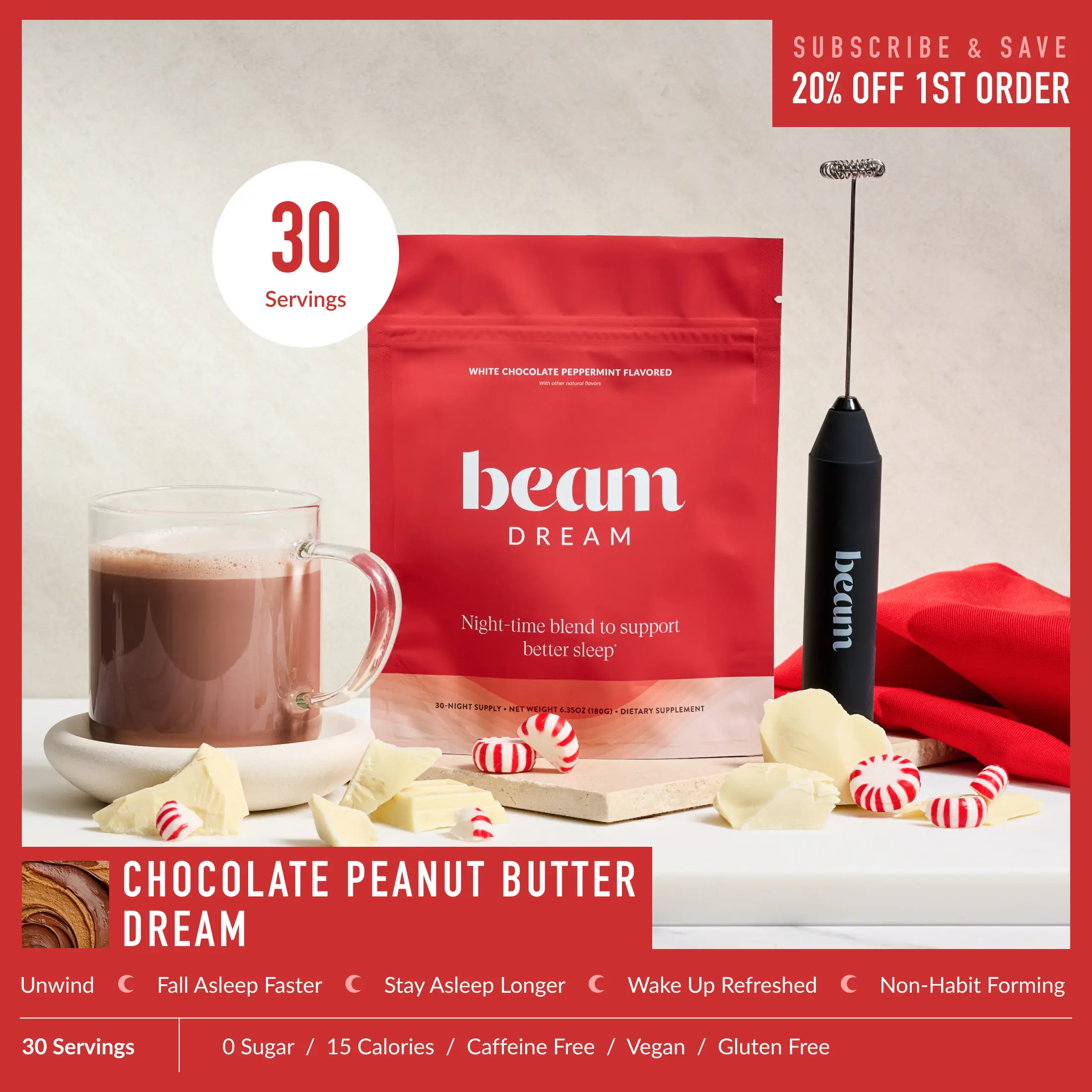 Beam Dream Nighttime Milk Alternative Powder Drink Mix - 30 Servings, White Chocolate Peppermint Flavor, Soothing Healthy Sleep Supplements for Adults, Magnesium, L-Theanine, Apigenin, Melatonin, Vegan, Dairy Free, Gluten-Free, Non-GMO