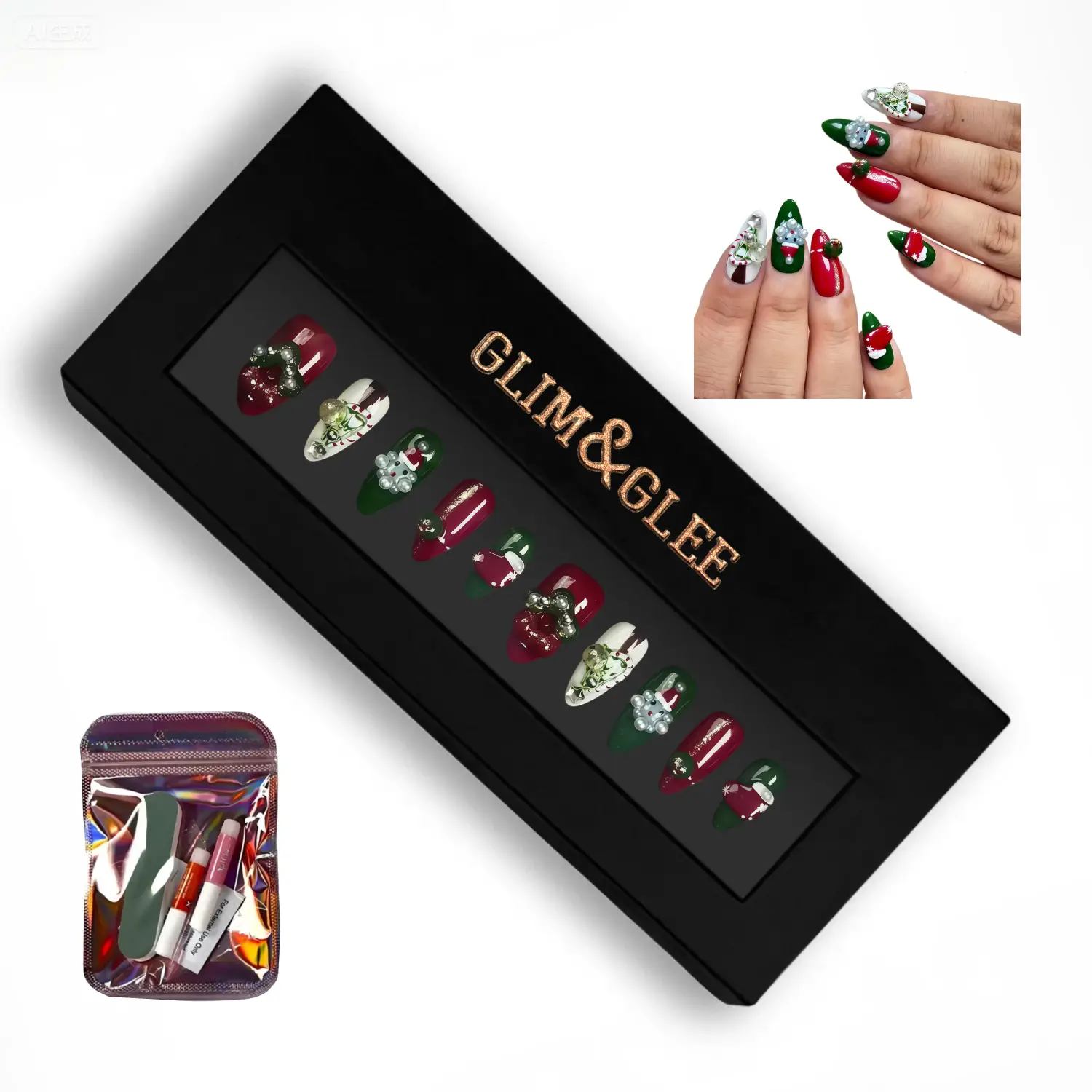 Glim&Glee Handmade Acrylic Press On Nails, Metallic Stiletto Fake Nails With Angel Charm & Gem Accents, Reusable Long Press-On Nails In Black Gift Box For Edgy Glam Looks