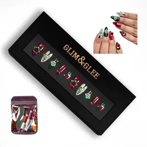 Glim&Glee Handmade Acrylic Press On Nails, Metallic Stiletto Fake Nails With Angel Charm & Gem Accents, Reusable Long Press-On Nails In Black Gift Box For Edgy Glam Looks