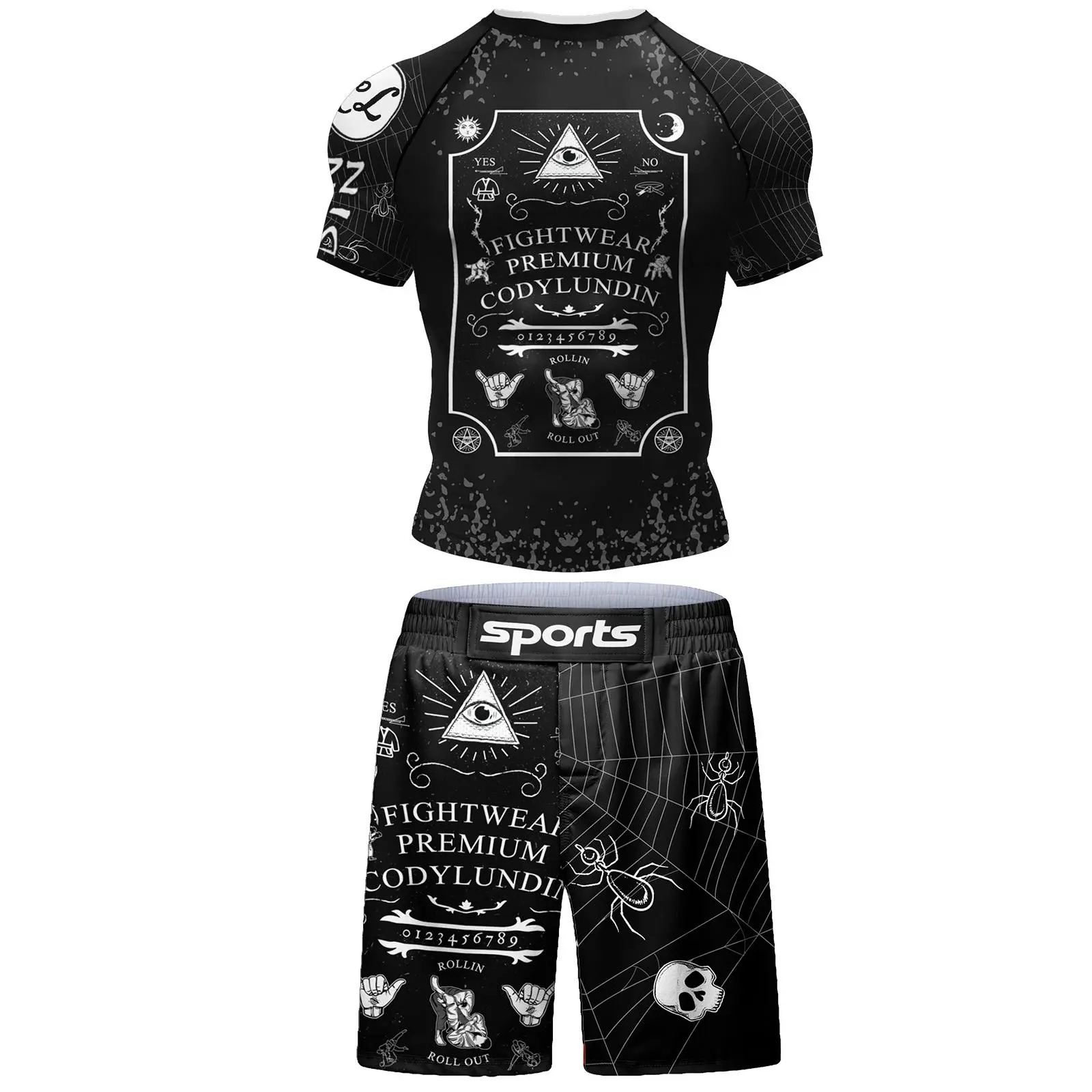 Men's 2-Piece Rash Guard Set, Digital Printed Spandex Compression Shirt and Shorts, Quick-Dry UPF 50+ for Grappling, Surfing & Water Sports