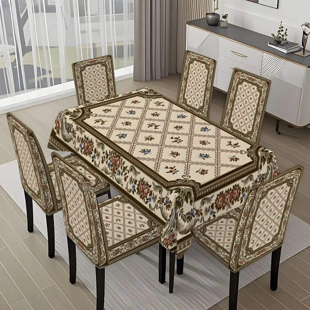 5/7-piece 2D Flat Printing Brown and White Diamond Flower Carpet Printing Pattern Tablecloth and Chair Cover Set, for dining table and chair decoration, perfect for home, holiday gatherings, restaurants, and parties, Chair Covers Set