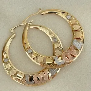 Women'S 14K Golden Plated Large Hoop Earrings with "LOVE" Design - Vintage Boho Fashion Jewelry, Perfect for Pageants, Weddings, and Daily Wear, Festive Accessory | Vintageinspired Earrings | Durable Earrings
