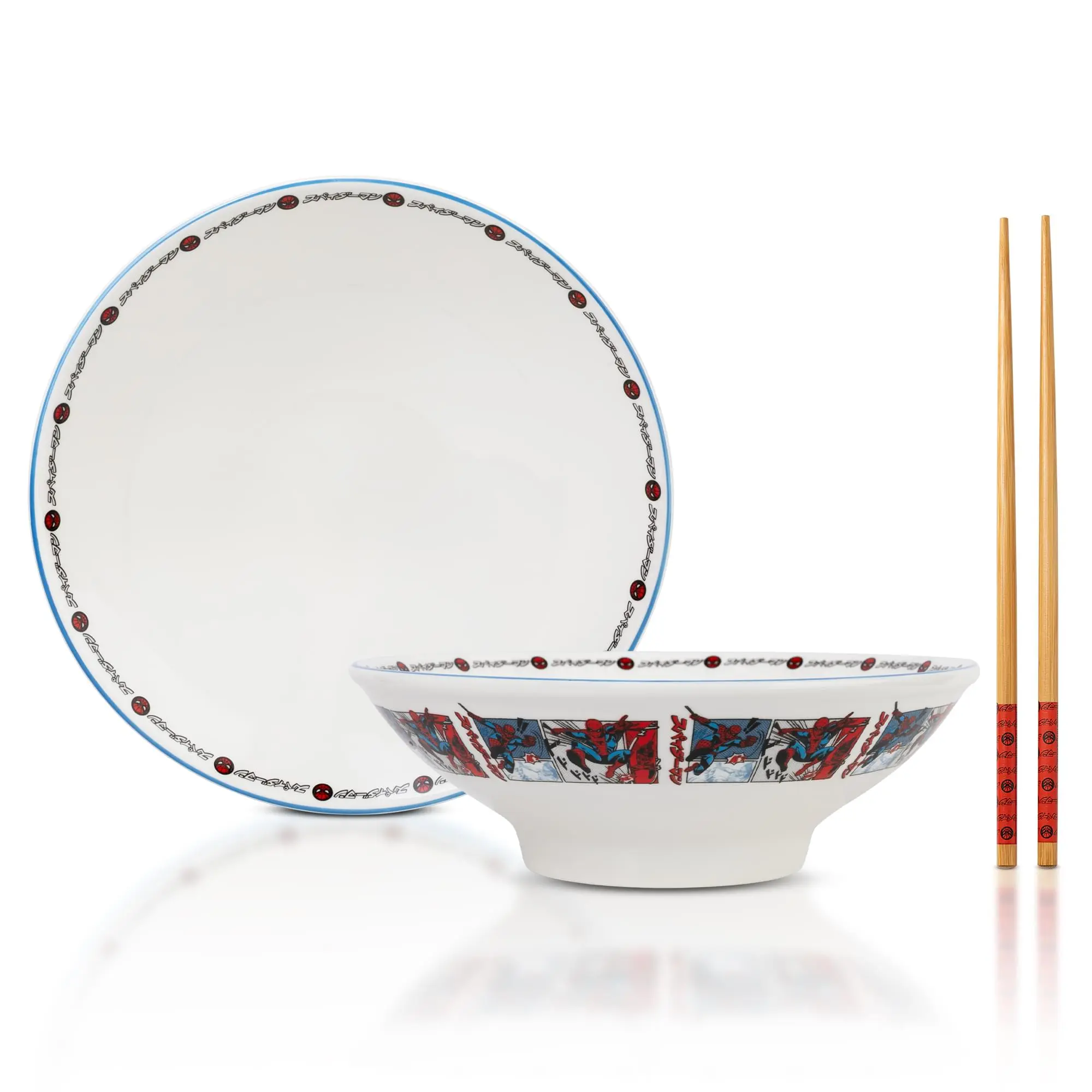 Marvel Spider-Man Manga Panels 30oz Ceramic Ramen Bowl and Chopstick Set, Kitchen Dinnerware-Tableware Set