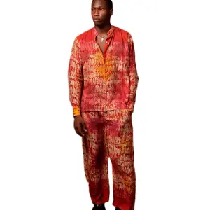 Wave Matching Set Menswear Tops - Orange Circles Print Comfortable & Stylish for Men Women Unisex Batik Adire Collection