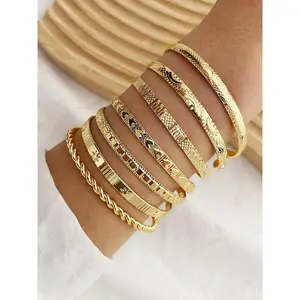 7-piece Geometric & Heart Design Cuff Gypsy Bangles As Gift for Girlfriend, Texture Metal Twist Design Bracelet on Wrist, Elegant Matching Jewelry, Classic Fashion Accessories for Daily Wear, Stack Bracelet for Wife